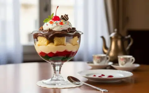 Deliziosa zuppa inglese ricetta in coppa: pan di spagna, crema, frutta candita e panna montata con ciliegina.