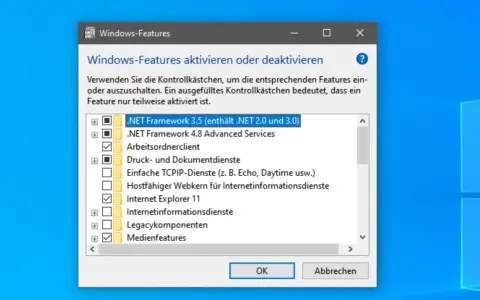 Fenster "Windows-Features" zeigt Optionen zum Aktivieren/Deaktivieren von Programmen, z.B. .NET Framework. So können Sie Windows 11 Programme deinstallieren.