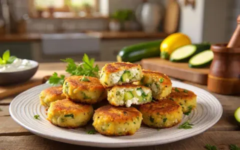 Goldbraune zucchini frikadellen mit frischen Kräutern und Feta, auf einem Teller angerichtet. Daneben ein Dip und Zucchini.