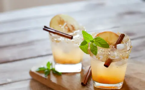 Zwei Gläser mit Eis, Apfelscheiben und Zimtstangen. Perfekt für den Sommer, wenn man Lust auf selbstgemachten Cider hat.