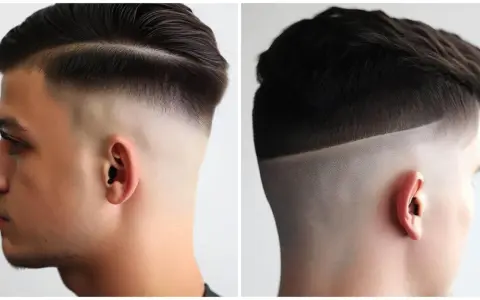 Dos estilos de corte de pelo masculino: uno con raya marcada y un corte taper fade suave, el otro con un corte taper fade más definido y lineal.