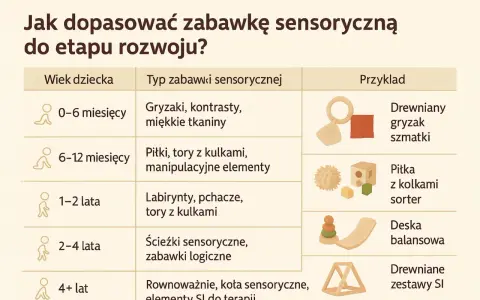 Tabela pokazuje, jak dopasować zabawki sensoryczne do wieku dziecka: od gryzaków dla niemowląt po zestawy SI dla starszych.