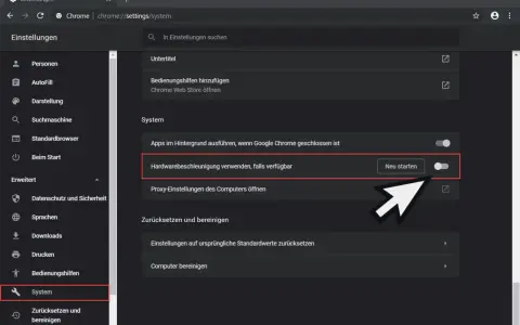 Chrome-Einstellungen: Hardwarebeschleunigung deaktivieren. Der Schalter ist aktiv, "Neu starten" wird angezeigt.