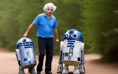 Albert Einstein pasea con dos droides R2-D2 por un camino rural. Una escena de ia realista.
