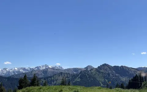 Grüne Wiesen und Wälder vor einer beeindruckenden Bergkulisse mit schneebedeckten Gipfeln. Ein herrlicher Blick von der **hohen Bleick**.