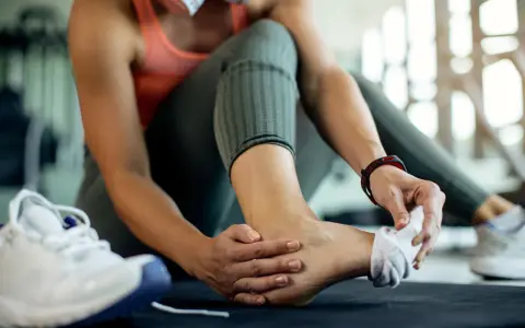 Kobieta w sportowym stroju masuje bolącą kostkę, obok leżą buty sportowe.
