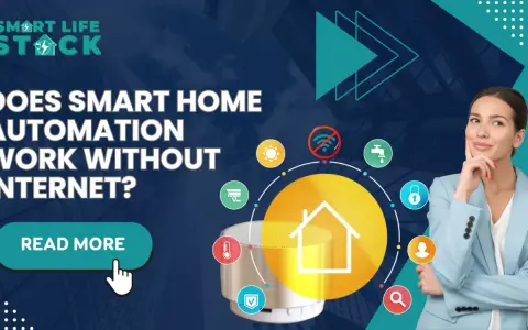 A woman ponders home automation without internet. Icons show a house, no Wi-Fi, sun, faucet, lock, person, and thermometer.