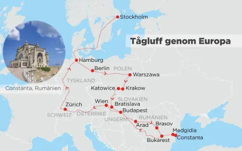 Karta över en tågluff genom Europa med stopp i Stockholm, Hamburg, Berlin, Warszawa, Wien, Budapest och Bukarest. Drömmer du om tågluffa Europa gratis 2024?
