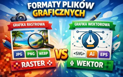 Porównanie formaty plików graficznych: rastrowa (JPG, PNG, WEBP) z plażą i lupą kontra wektorowa (SVG, Ai, EPS) z piórem graficznym.