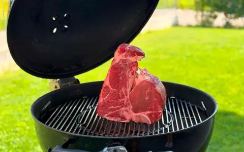 Una succulenta bistecca fiorentina cruda riposa sulla griglia di un barbecue, pronta per essere cucinata all'aperto.