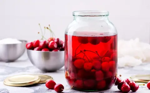 Duży słoik wypełniony rubinowym kompotem z wiśni, obok miska świeżych owoców i cukru.