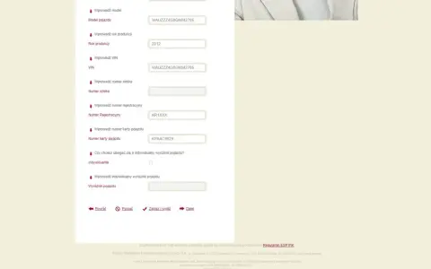 Formularz do przerejestrowanie samochodu online. Wprowadź dane pojazdu: model, rok, VIN, numer silnika, rejestracyjny i karty pojazdu.