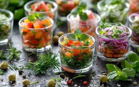 Petits verres de légumes colorés, parfaits pour une recette tapas gastronomique. Fraîcheur et couleurs vives pour un apéritif raffiné.