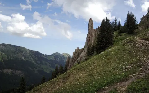 Ein steiler Bergpfad führt am markanten Siplinger Kopf vorbei, umgeben von grünen Hängen und Nadelbäumen.