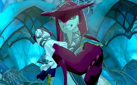 Sidon, el príncipe Zora, sonríe con confianza en la región de los Zora, con su armadura brillante y el fondo azul cristalino.