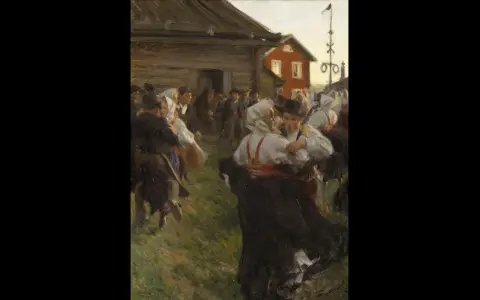Zorns Midsommardans fångar glädjen i en folklig fest. Människor i folkdräkter dansar livligt utomhus vid en röd byggnad.