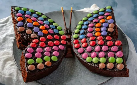 Ein schokoladiger Smarties Kuchen in Form eines Schmetterlings, der mit bunten Smarties dekoriert ist.