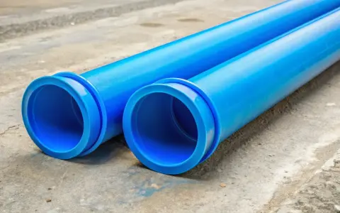 Dwie niebieskie rury PVC leżą na betonie. To idealna jaka rura do przyłącza wody, gotowa do montażu.