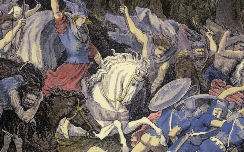 Schlacht im Teutoburger Wald: Germanen kämpfen gegen römische Legionäre. Ein Reiter mit Helm und Speer führt den Angriff an.