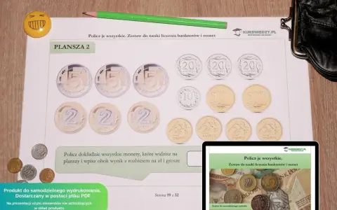 Zestaw do nauki liczenia polskie banknoty do wydruku dla dzieci. Plansza z monetami 5 zł, 2 zł, 20 gr, 10 gr, 5 gr.