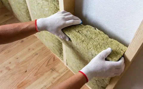 Pose d'isolant en laine de roche dans une structure en bois. Une bonne isolation intérieure et extérieure prévient le point de rosée.