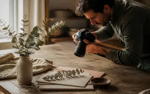 Un photographe capture une branche d'eucalyptus sur une table en bois. La liste thème photo inclut la nature morte et la photographie.
