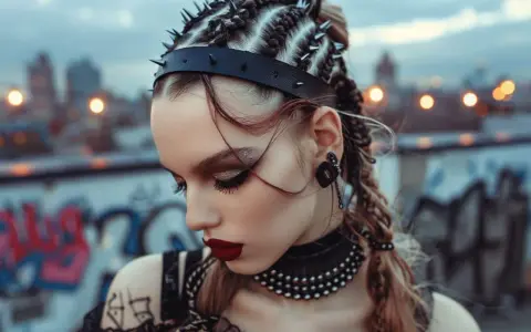 Coiffure rock femme facile : tresses audacieuses ornées de clous, maquillage intense et choker. Une allure rebelle capturée sur fond urbain.