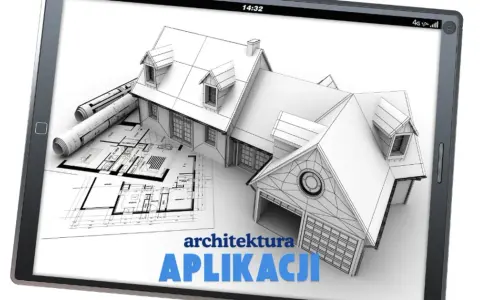 Na ekranie tabletu widok domu w szkicu, plany architektoniczne i tekst "architektura APLIKACJI".