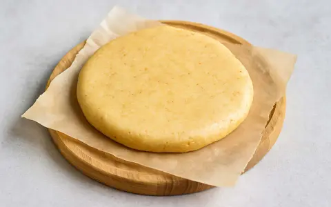Pâte sablée crue, prête pour la conservation au frigo. Elle repose sur du papier sulfurisé, posé sur une planche en bois.