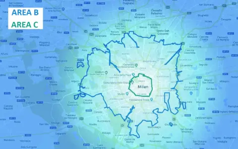Mappa di Milano e hinterland con evidenziata l'area del blocco euro 5.