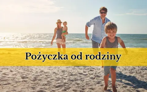 Szczęśliwa rodzina na plaży, tekst "Pożyczka od rodziny" sugeruje, że zwrot pożyczki od rodziny nie musi być obciążeniem, nawet jeśli urząd skarbowy jest w pobliżu.
