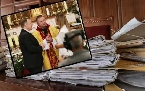 Kiedy można dostać rozwód kościelny? Para przed ołtarzem, ksiądz i sterty akt.