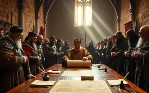 König mit Krone entrollt Schriftrolle, umgeben von Männern in mittelalterlicher Kleidung. Ein historischer Moment, der die magna carta bedeutung symbolisiert.