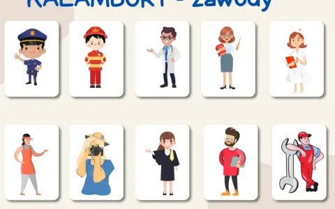 Kolorowe karty z zawodami: policjant, strażak, lekarz, nauczycielka, pielęgniarka, sprzedawczyni, fotografka, prawniczka, programista, mechanik. Idealne do kalambury dla dzieci.