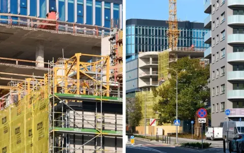 Budowa nowych bloków mieszkalnych we Wrocławiu. Widać rusztowania, dźwig i betonowe konstrukcje. Ceny mieszkań wrocław mogą być wysokie.