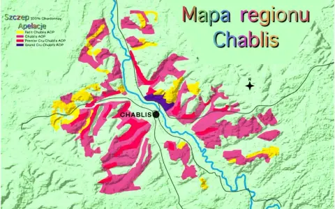 Mapa regionu Chablis, gdzie winorośl Chardonnay tworzy wina o różnych apelacjach: Petit Chablis, Chablis, Premier Cru i Grand Cru.