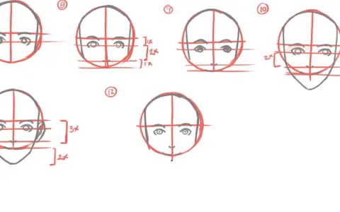 Un dibujo anime a lápiz muestra la construcción de rostros con guías rojas.