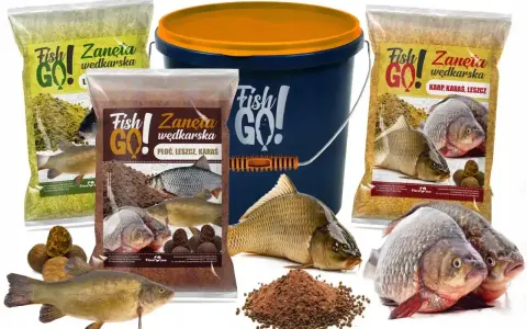 Zestaw zanęt wędkarskich Fish GO! z wizerunkami ryb i kulkami proteinowymi. Idealne na karpia, płoć i leszcza.