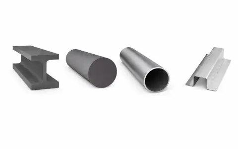 Perfiles laminados de acero: viga I, barra maciza, tubo y perfil en U.