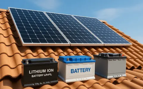 Paneles solares sobre un tejado, junto a tres acumuladores de luz: uno negro de litio, uno blanco y uno gris.