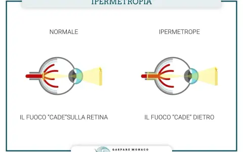 Confronto tra occhio normale e occhio ipermetrope. Nell'ipermetropia lieve, il fuoco cade dietro la retina, rendendo sfocati gli oggetti vicini.