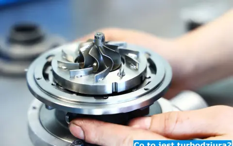 Zbliżenie na turbosprężarkę samochodową, którą trzymają dłonie mechanika.