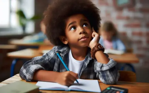 Niño con gran afro, sentado en un pupitre, con la mano en la barbilla, pensando. Parece que a mi hijo se le olvida lo que aprende.