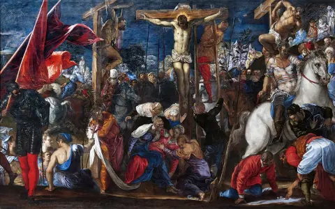 La Crucifixion, chef-d'œuvre du Tintoret, dépeint la scène dramatique avec une foule intense et des figures expressives.