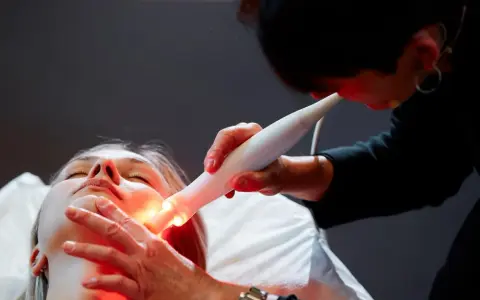 Une esthéticienne utilise un appareil Bloomea pour un soin du visage à la lumière rouge sur une cliente allongée.