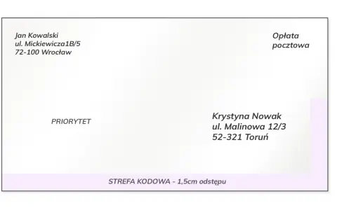 Koperta z adresem nadawcy Jan Kowalski, Wrocław i odbiorcy Krystyna Nowak, Toruń. Widoczna opłata pocztowa i oznaczenie PRIORYTET.