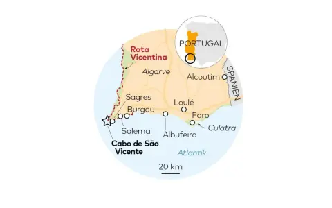 Karte der Algarve in Portugal. Albufeira liegt östlich von Salema und westlich von Faro am Atlantik.