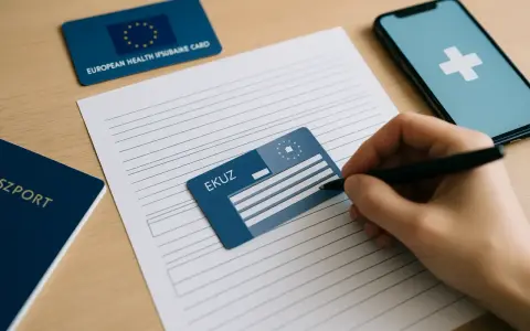 Dłoń z długopisem wypełnia formularz obok karty EKUZ, paszportu i telefonu z symbolem krzyża.