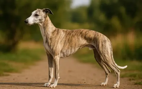 Un élégant lévrier whippet tigré se tient sur un chemin de terre, le regard tourné vers l'horizon.