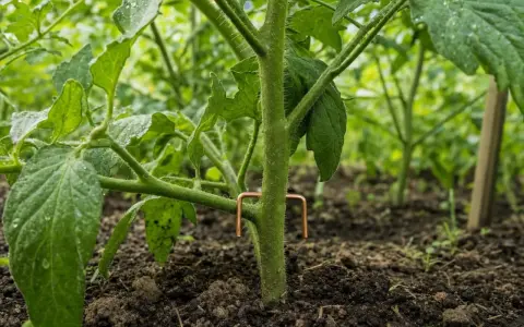 Un fil de cuivre en forme de U soutient la tige d'une plante de tomate, l'aidant à grandir.